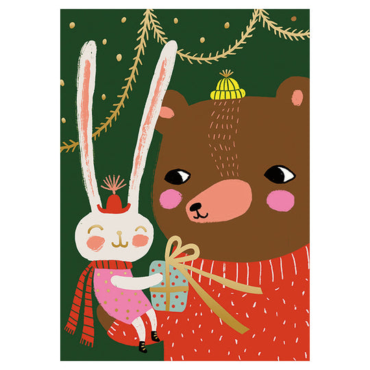 Putinki プティンキ クリスマスポストカード ( Mira Mallius ミラ・マリウス / プレゼントを渡すウサギとクマ )