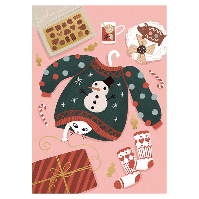 Putinki プティンキ クリスマスポストカード ( kaisu Sandberg / セーターに隠れるネコ )