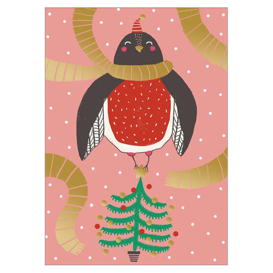 Putinki プティンキ クリスマスポストカード ( Mira Mallius ミラ・マリウス / 金色マフラーの小鳥とツリー )