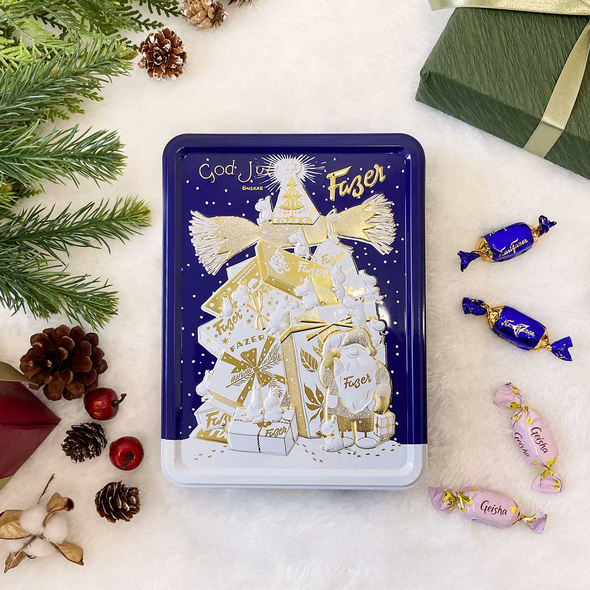 FAZER ファッツェル ×  Moomin ムーミン KarlFazerミルク & ゲイシャミルクチョコレート 缶  ( GodJul / ブルー / 30粒 )