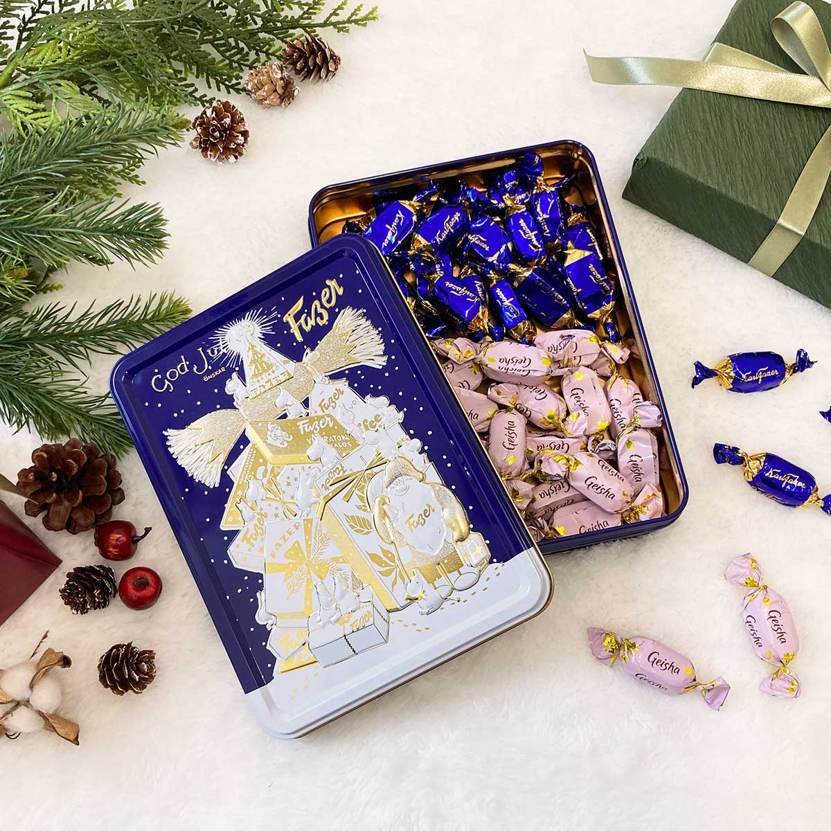 FAZER ファッツェル ×  Moomin ムーミン KarlFazerミルク & ゲイシャミルクチョコレート 缶  ( GodJul / ブルー / 30粒 )