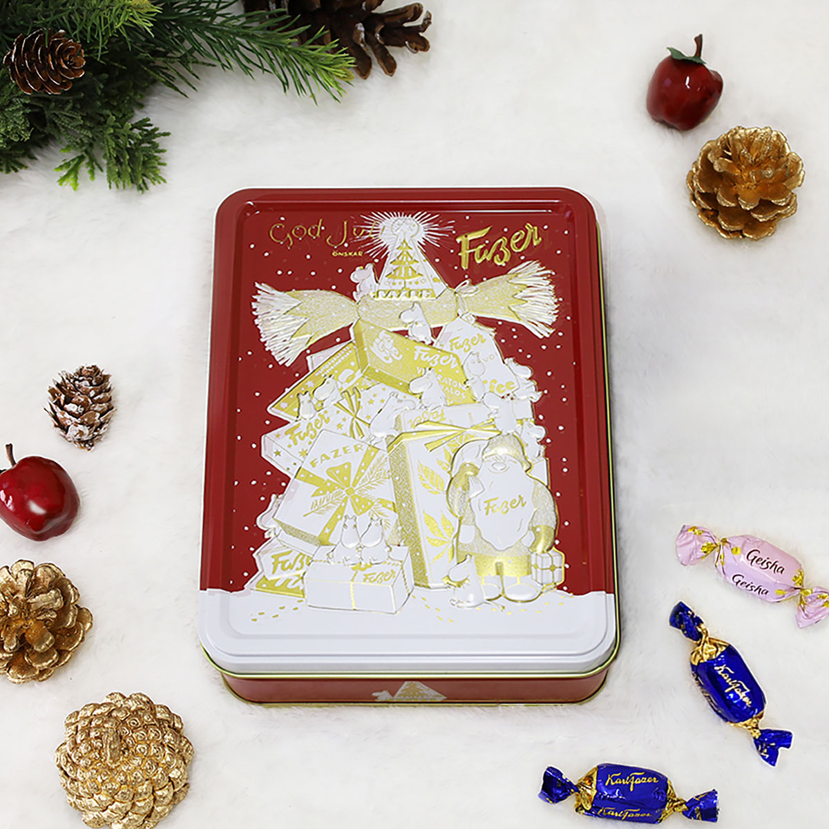FAZER ファッツェル × Moomin ムーミン KarlFazerミルク & ゲイシャミルクチョコレート 缶 ( GodJul / レッド / 28粒 )