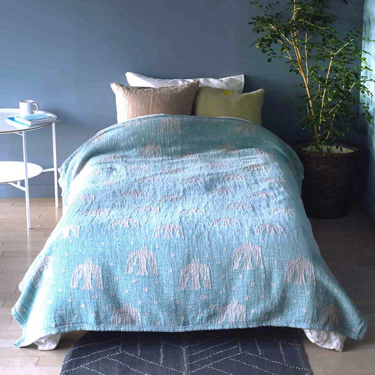 KLIPPAN クリッパン リネン&シュニールコットン シングルブランケット birds in the snow ( 140×180cm / ライトブルー )