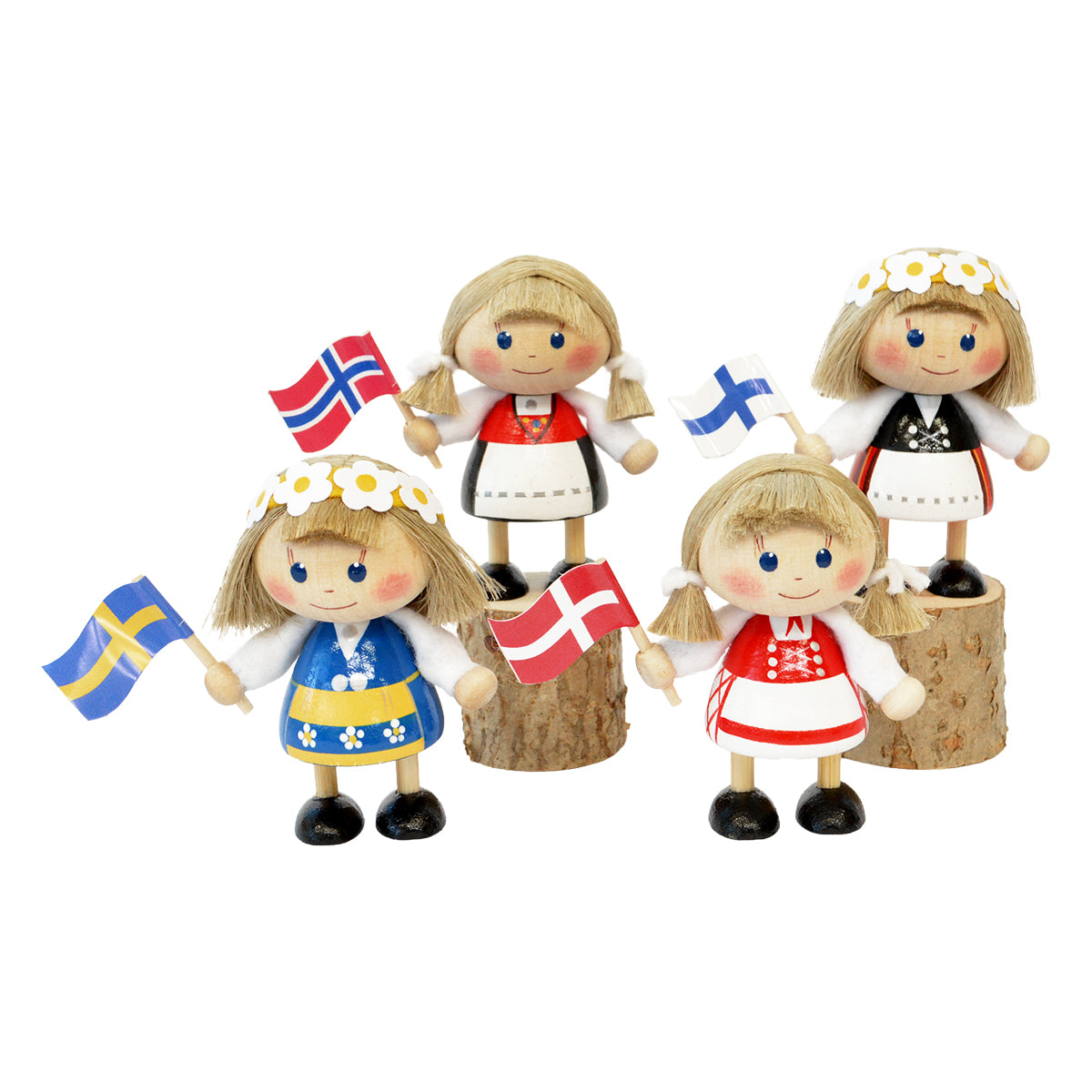 ノルウェー　伝統　民族衣装　手描き　木製人形　4体 NORDIC GIFT ノルディック・ギフト 木製人形ノルウェーフラッグを持っ